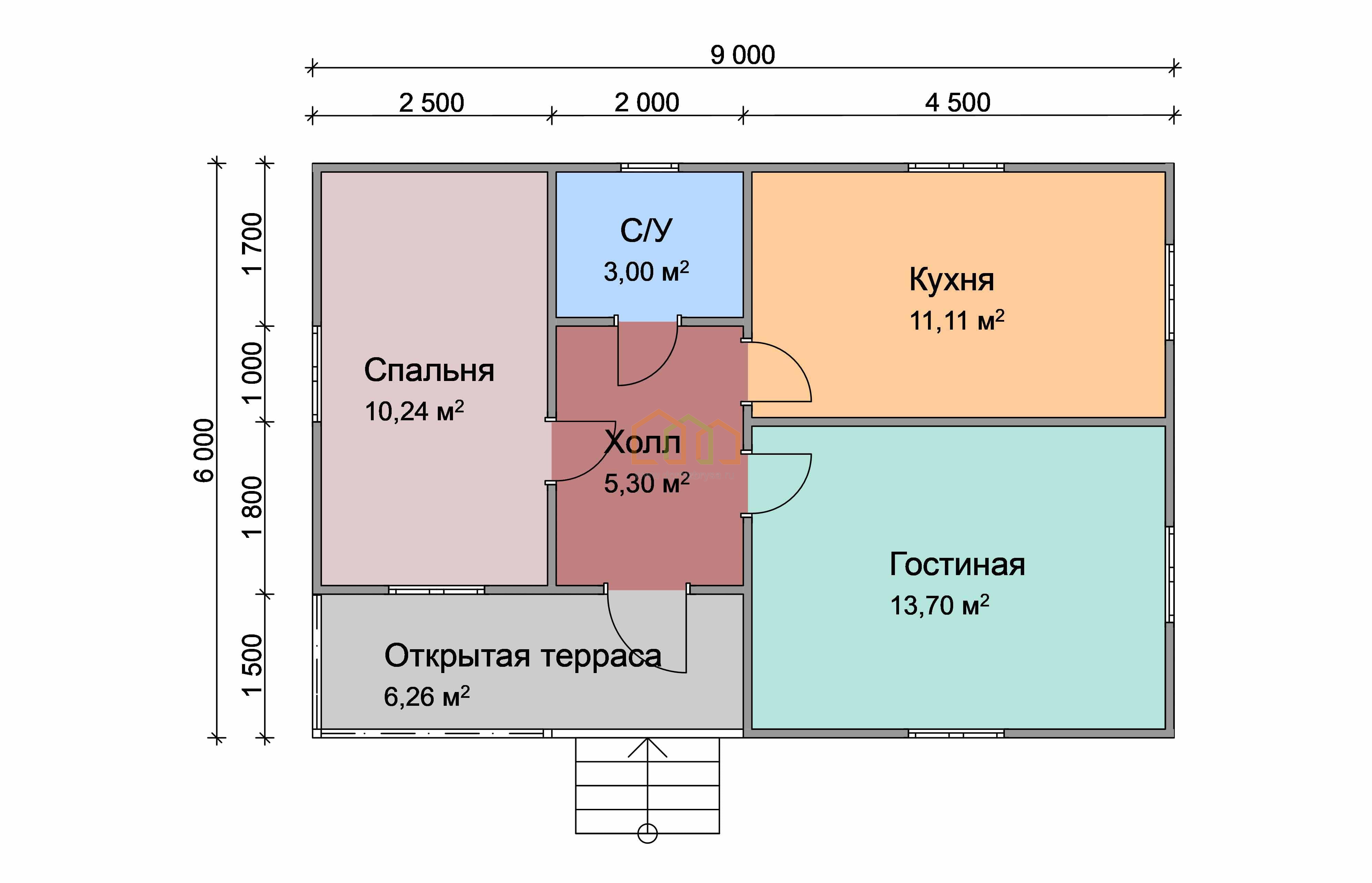 Дом из бруса одноэтажный 6х9 купить в Мелехово цена 1090000, площадь: 54  м2, Брус 90х140 мм. с террасой